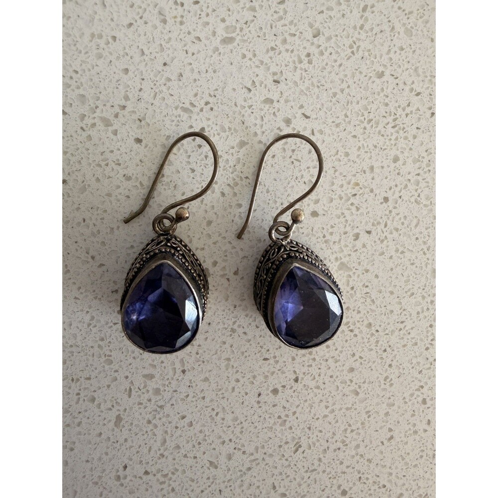 925 Sterling Silver Purple amethyst Dangle Earrings Ornate Filigree native boho